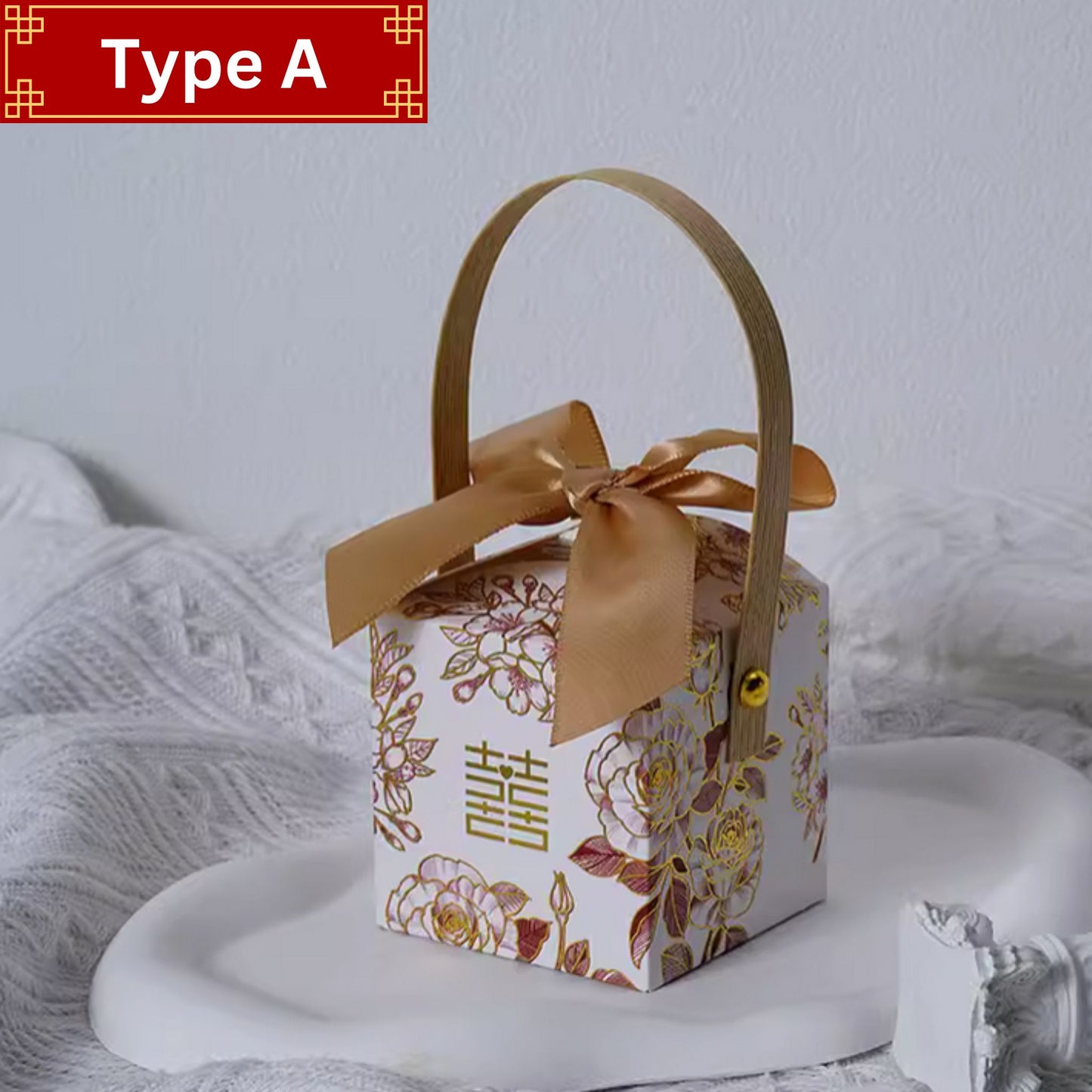 Lily and Tulip 囍 Wedding Favor Box with Ribbon and Handle