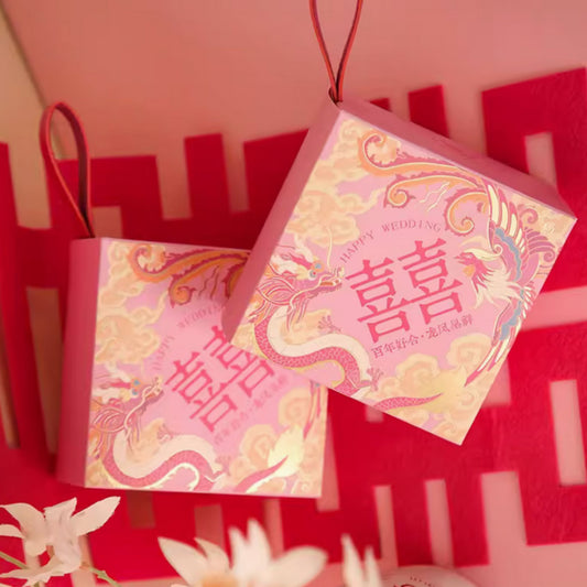Pink Dragon and Phoenix Wedding Favour Gift Box 龙凤粉彩百年好合